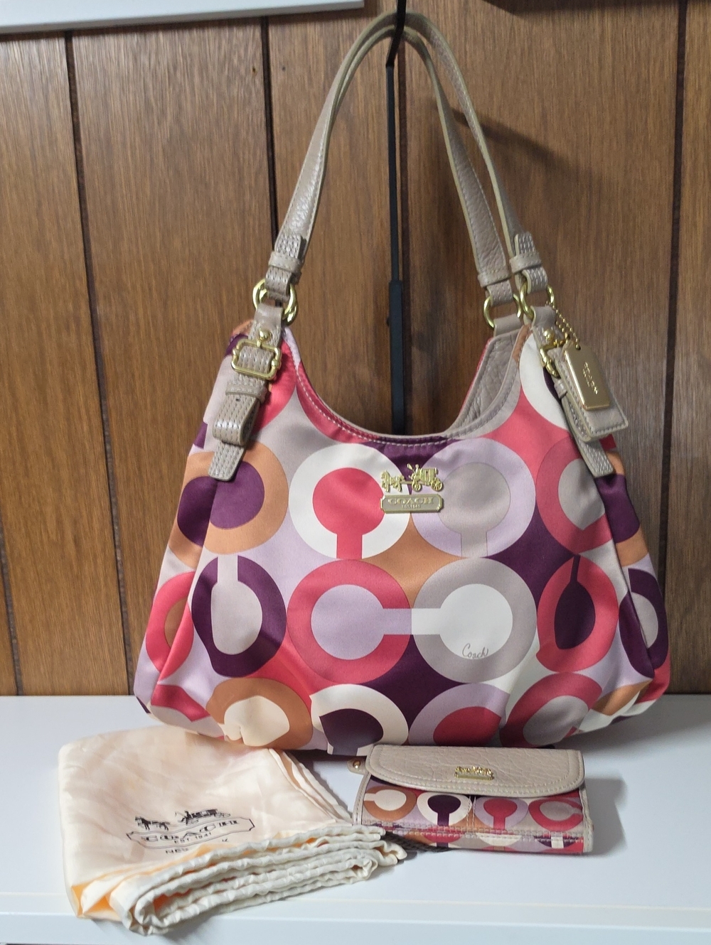 Coach Pink Multicolor Circle Signature Hobo with Cream Trim